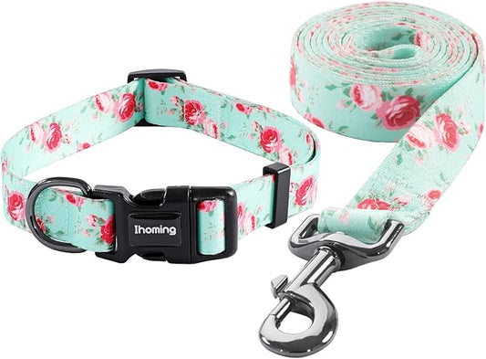 Ihoming Dog Collar and Leash Set for Daily Outdoor Walking Running Training, Floral Spring Design for Small Boys Girls Dogs Cats Pets, S-Up to 20LBS Ihoming