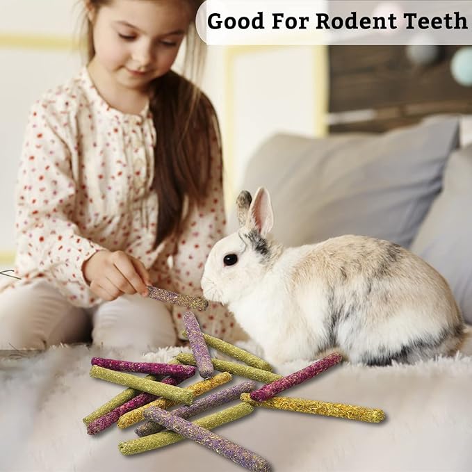 Fhiny 68 PCS Rabbit Chew Sticks, Natural Petals Timothy Hay Sticks Guinea Pig Chewing Toys for Teeth Small Animals Molar Snacks for Bunny Guinea Pig Chinchilla Hamster Fhiny