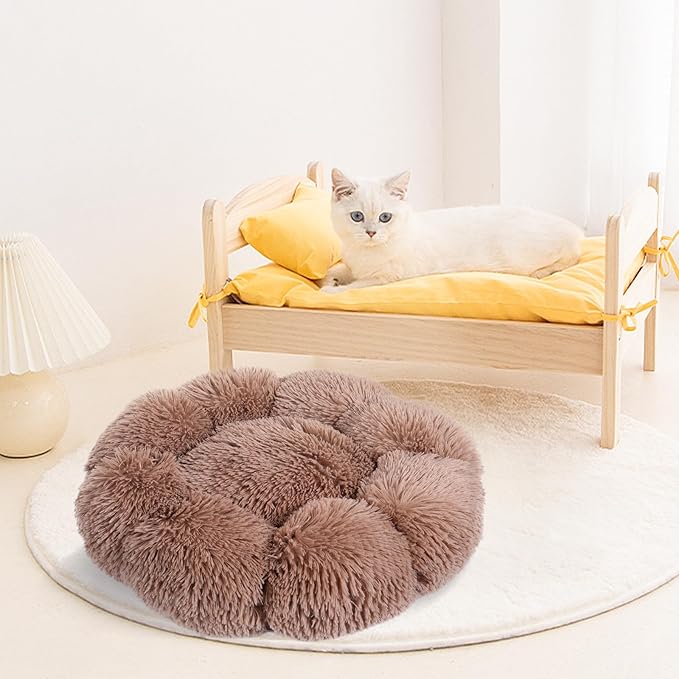 Cat Bed Cute, 19.7" Washable Kahki Donut Bed for Indoor Cats and Small Dogs, Soft Calming Cute Flower Fluffy Round Donut Cat Beds, Anti Anxiety Pet Bed, Self-Warming Bed,Khaki - PAWPICO