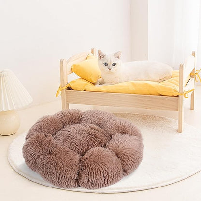 Cat Bed Cute, 19.7" Washable Kahki Donut Bed for Indoor Cats and Small Dogs, Soft Calming Cute Flower Fluffy Round Donut Cat Beds, Anti Anxiety Pet Bed, Self-Warming Bed,Khaki - PAWPICO