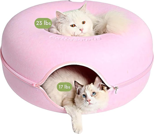 CATTASAURUS Peekaboo Cat Cave for Multiple & Large Cats Up to 30-45 Lbs, Scratch Detachable & Washable Tunnel Bed, Comfy Donut Cat Cave (Pink, Large) - PAWPICO