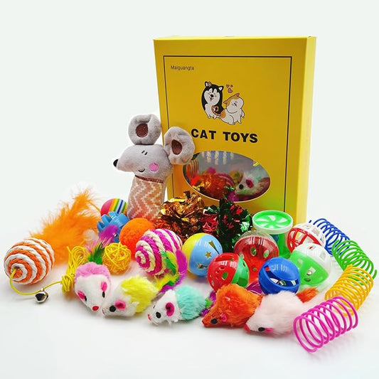 25 PCS Assortment of Cat Toys - Hanging Door Cat Toy,Catnip Toys,Feather Teaser,Mice,Colorful Balls & Bells.Perfect for Kittens,Cats,and Puppies - PAWPICO