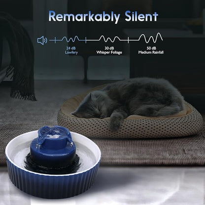 Ceramic Cat Water Fountain, 2.1L/71oz Cat Fountain with 3 Carbon Filters and 2 Water Pumps, Cupcake Pet Water Fountain for Cats and Dogs (Dark Blue) - PAWPICO