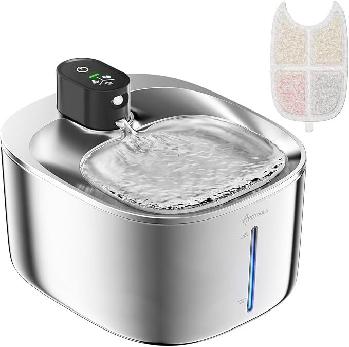 Wireless Cat Water Fountain, 135 fl oz/4L Stainless Steel Cat Fountain Battery Operated with Water Level Window, 3 Work Modes, Cordless Pet Fountain for Cats, Dogs, Pets, Inside, Black - PAWPICO