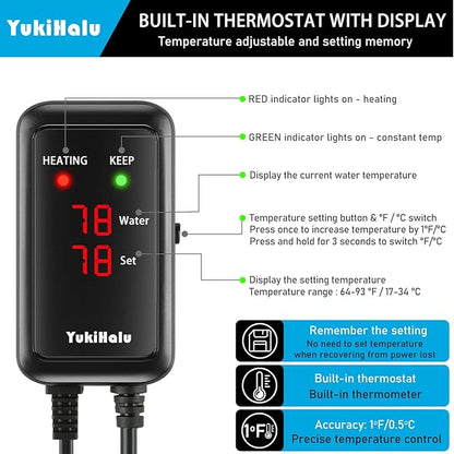 YukiHalu Aquarium Heater 50/100/200/300/500W with Protective Case, Fish Tank Heater, Temperature Adjustable, External Temperature Controller, LED Display, Used for 10/20/40/75/120 Gallons (300W) YukiHalu