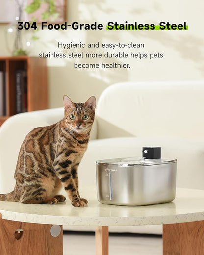 Wireless Cat Water Fountain, 135 fl oz/4L Stainless Steel Cat Fountain Battery Operated with Water Level Window, 3 Work Modes, Cordless Pet Fountain for Cats, Dogs, Pets, Inside, Black - PAWPICO