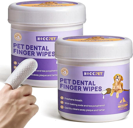 HICC Pet Teeth Cleaning Wipes for Dogs & Cats, Remove Bad Breath by Removing Plaque and Tartar Buildup No-Rinse Dog Finger Toothbrush, Disposable Gentle Cleaning & Gum Care Pet Wipes, 100 Counts HICCPET