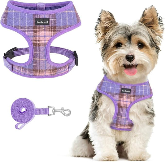 SCENEREAL Puppy Dog Harness with Leash Set for Small Medium Sized Dogs, Soft Mesh Step in Pet Harnesses and Leash, No Chock Plaid Adjustible No Pull Vest for Dogs Cats, Chihuahua,Bulldog (Purple S) SCENEREAL