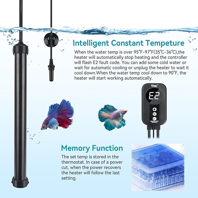 hygger Marine Aquarium Heater 200W,Titanium Heater with Digital LED Controller & Temperature Probe,Submersible Fish Tank Heater with Temperature Calibration,for Saltwater Freshwater Tank 30-40Gallon hygger