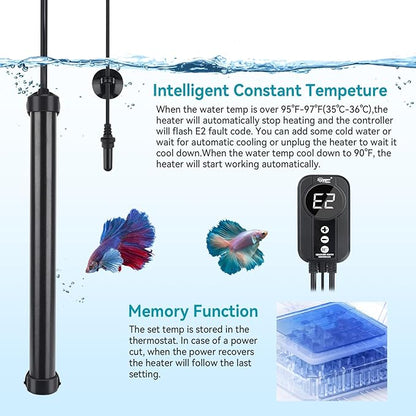 hygger Marine Aquarium Heater 200W,Titanium Heater with Digital LED Controller & Temperature Probe,Submersible Fish Tank Heater with Temperature Calibration,for Saltwater Freshwater Tank 30-40Gallon hygger