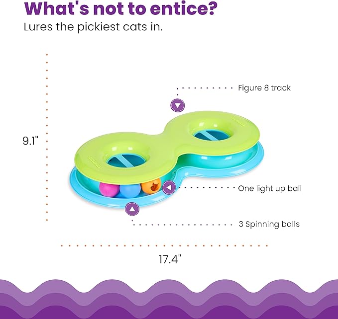 Catstages Infinity Ball Track for Cats with Two Balls, Including One Light-Up Ball, Figure-8 Shaped Cat Ball Track Compatible Topper Toys, Green - PAWPICO