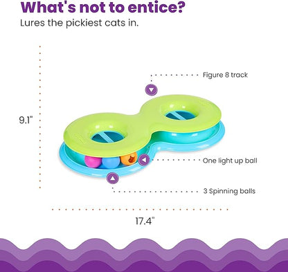 Catstages Infinity Ball Track for Cats with Two Balls, Including One Light-Up Ball, Figure-8 Shaped Cat Ball Track Compatible Topper Toys, Green - PAWPICO