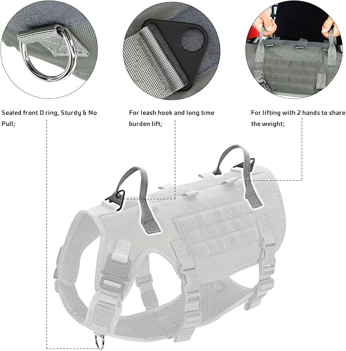 Forestpaw Tactical Dog Harness for Large Dogs,Tactical Dog Collar with Bungee Leash Set,No Pull Military Dog Harness for Dog Walking Training,Adjustable for Medium Large Dogs,Gray S Forestpaw
