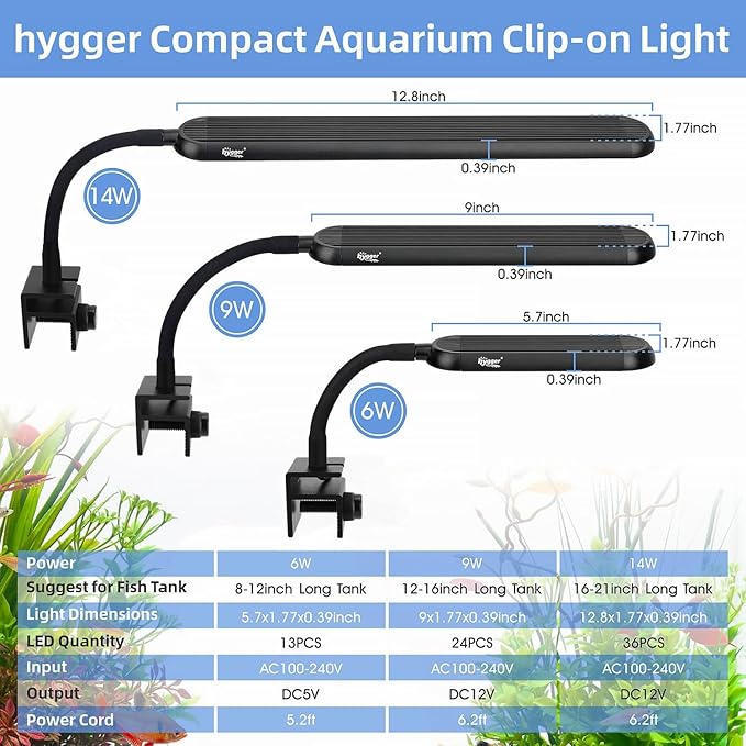 hygger 5-10 Gallon Nano Tank Mini Clip-on Aquarium Light with White Blue Red LEDs Fish Tank Lighting Built-in Timer 5 Brightness Levels 9W hygger
