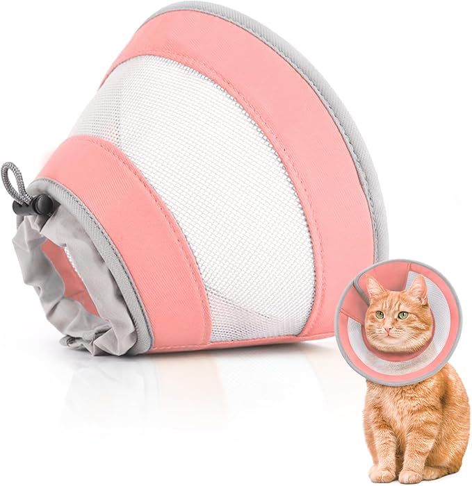 Cat Cone, Breathable Cat Cone Collar Soft, Adjustable Cat Cone to Stop Licking, Water Resistant Neck Cone for Cats with Air Mesh, Protective Cat Recovery E Collar for Cat Kitten（Pink,M-2 GoGoPaw