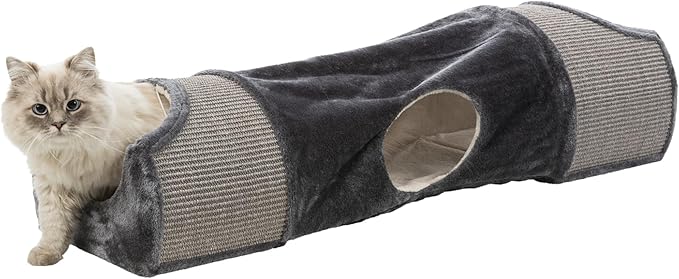 TRIXIE Cat Tunnel for Indoor Cats - Cozy Peekaboo Cat Cave Including Dangling Cat Toys - with Sturdy Sisal Scratching Surfaces - Collapsable and Easy to Store Cat Tube - in Gray - PAWPICO