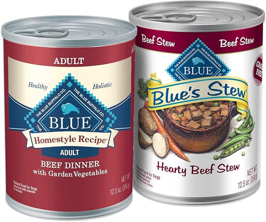 Blue Buffalo Homestyle Recipe Natural Adult Wet Dog Food, Mixed Textures Beef 12.5-oz Cans (24 Count- 12 of Each Flavor) - PAWPICO