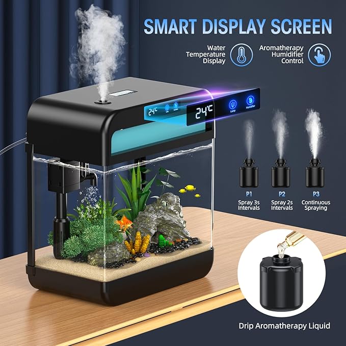 Fish Tank Small Aquarium 2.2 Gal Fish Bowl with Humidifier 7 Color Auto-Looping Light 3 in 1 Quiet Pump with Filteration & Oxygenation & Circulation, Temperature Display, HD Glass, Thickened Base Focusonhomelifeandhealth