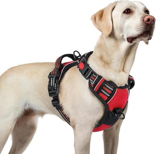 rabbitgoo Dog Harness for Large, No Pull Pet Harness with 3 Buckles, Adjustable Soft Padded Pooch Vest with Instant Control Handle, Easy Walking Reflective Pet Vest for Large Dogs, Red, L rabbitgoo
