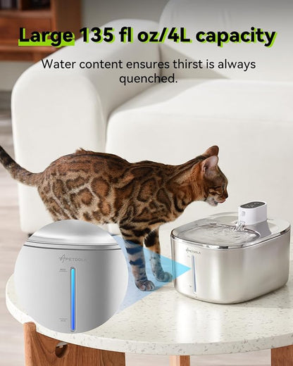 Wireless Cat Water Fountain, 135 fl oz/4L Battery Operated Cat Fountain Stainless Steel with Water Level Window, 3 Work Modes, Cordless Pet Water Fountain for Cats, Dogs, Pets, Inside - PAWPICO