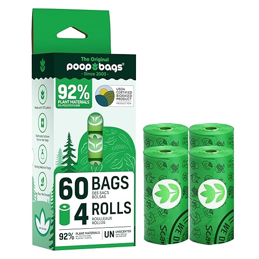 The Original Poop Bags® USDA Certified 92% Plant-Based Dog Waste Bags, 4 Rolls (15 Pet Waste Bags per Roll) - Supports "You Buy, We Donate" Initiative - Dog Poop Bags Refills, Unscented, Leak-Proof - PAWPICO