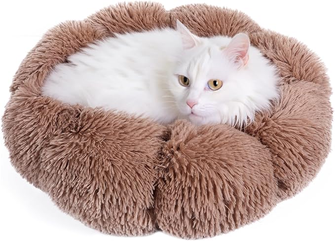 Cat Bed Cute, 19.7" Washable Kahki Donut Bed for Indoor Cats and Small Dogs, Soft Calming Cute Flower Fluffy Round Donut Cat Beds, Anti Anxiety Pet Bed, Self-Warming Bed,Khaki - PAWPICO