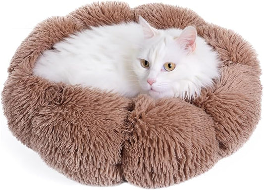 Cat Bed Cute, 19.7" Washable Kahki Donut Bed for Indoor Cats and Small Dogs, Soft Calming Cute Flower Fluffy Round Donut Cat Beds, Anti Anxiety Pet Bed, Self-Warming Bed,Khaki - PAWPICO