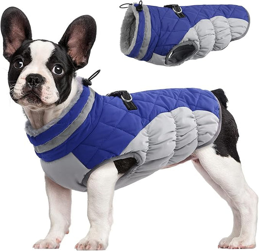 FUAMEY Dog Coat,Warm Dog Jacket Winter Coat Paded Dog Fleece Vest Reflective Dog Cold Weather Coats with Built in Harness Waterproof Windproof Dog Snow Jacket Clothes with Zipper Blue Small - PAWPICO
