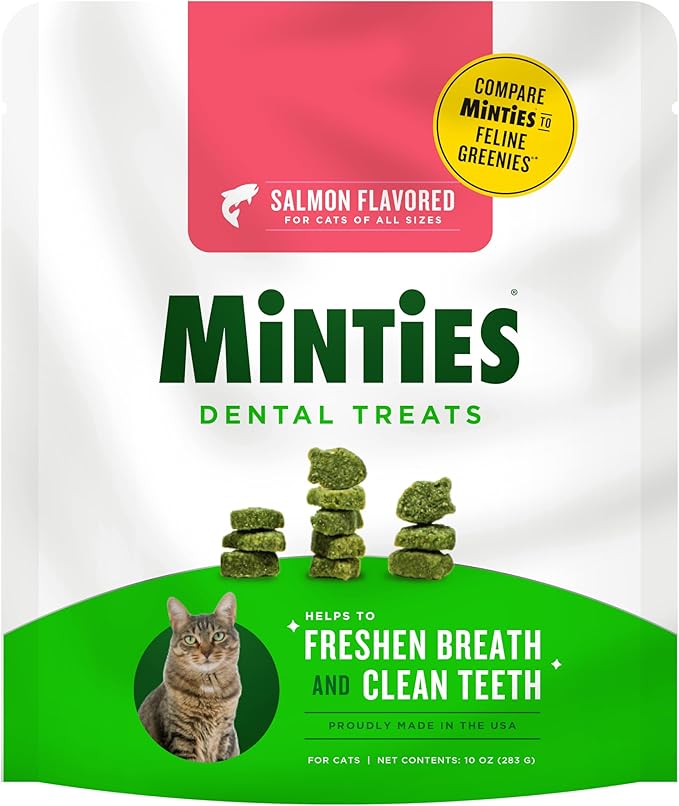 Minties Dental Treats for Cats, Salmon Flavored Treats for Cats, Freshens Breath and Controls Tartar, 10oz Minties