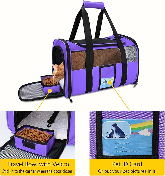 Refrze Pet Carrier Airline Approved, Cat Carriers for Medium Cats Small Cats, Soft Dog Carriers for Small Dogs Medium Dogs, TSA Approved Pet Carrier for Cats Dogs of 15 Lbs, Puppy Carrier,Purple - PAWPICO