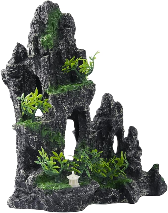 Large Fish Tank Decorations - Mountain View Aquarium Ornament with Tree House Cave Bridge,Resin, 10.24x9.45x5.12 inches, C SiissaPeksid