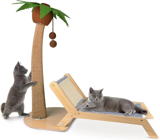 Cat Scratching Post with Bed,29.5 Inch Tall Palm Tree Cat Scratching Post for Indoor Cats, with Lounge Chair 2 in 1 Fun Sisal Rope Tall Cat Scratcher with Ball for Indoor Adult Cat/Kitten - PAWPICO