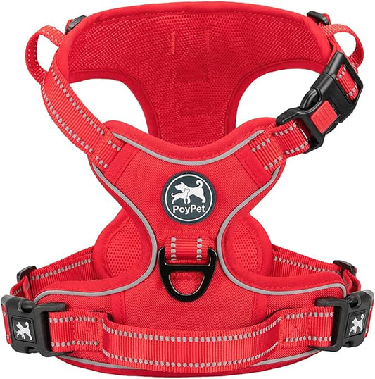PoyPet No Pull Dog Harness, No Choke Reflective Dog Vest, Adjustable Pet Harnesses with Easy Control Padded Handle for Small Medium Large Dogs(Red Matching Trim,L) PoyPet