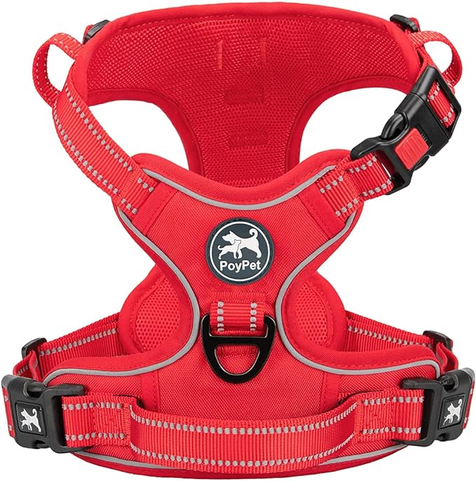 PoyPet No Pull Dog Harness, No Choke Reflective Dog Vest, Adjustable Pet Harnesses with Easy Control Padded Handle for Small Medium Large Dogs(Red Matching Trim,S) PoyPet
