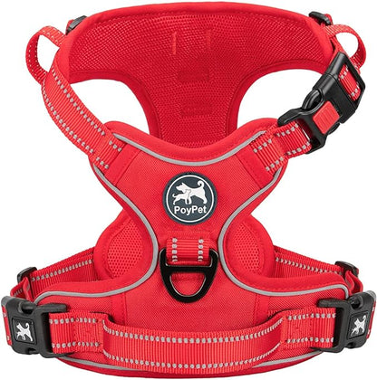 PoyPet No Pull Dog Harness, No Choke Reflective Dog Vest, Adjustable Pet Harnesses with Easy Control Padded Handle for Small Medium Large Dogs(Red Matching Trim,S) PoyPet