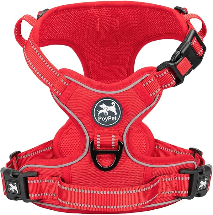 PoyPet No Pull Dog Harness, No Choke Reflective Dog Vest, Adjustable Pet Harnesses with Easy Control Padded Handle for Small Medium Large Dogs(Red Matching Trim,XS) PoyPet