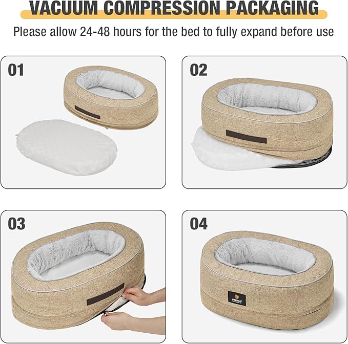 Veehoo Cat Bed for Kitten, Anti-Anxiety Donut Pet Bed with Removable Washable Cover, Indoor Oval Orthopedic Cat Bed with Egg Crate Foam Support & Non-Slip Bottom 19.7" x 15" Beige Coffee - PAWPICO