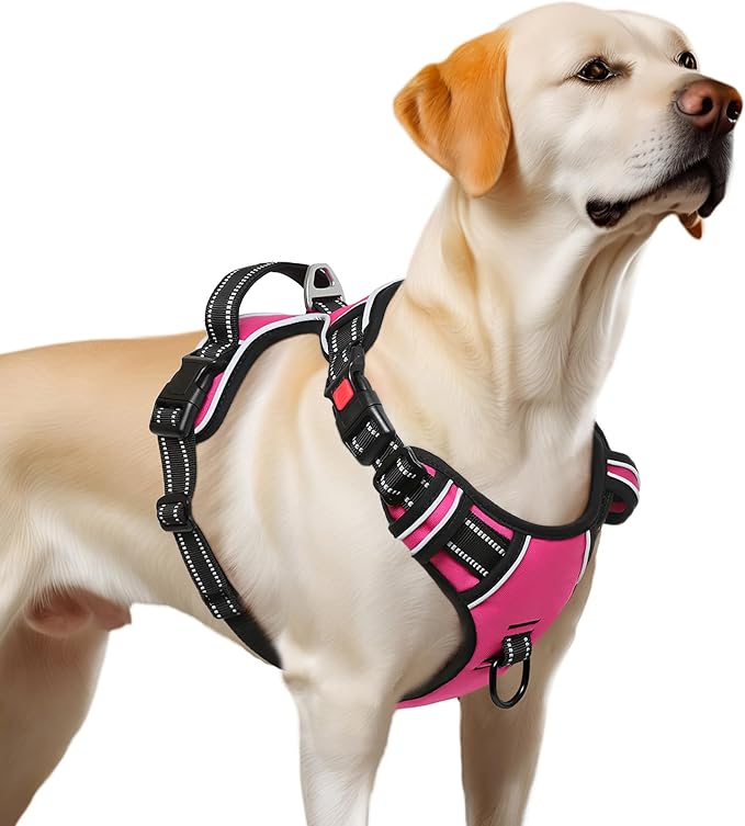 Timos Dog Harness, 3 Snap Buckles No-Pull Soft Padded Dog Vest with 2 Metal Leash Clips, Adjustable Reflective No Choke Pet Harness with Easy Control Handle for Extra Large Dogs,Rosy,L Timos
