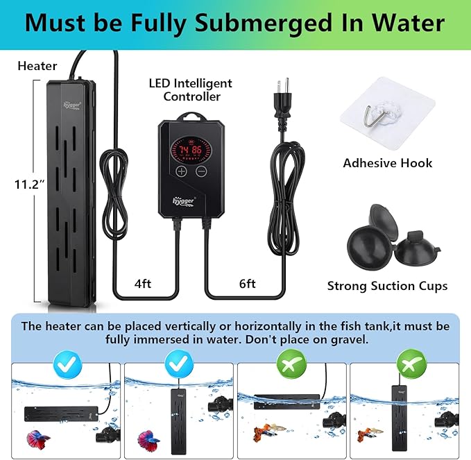 hygger Aquarium Heater 200W,Submersible Fish Tank Heater with Digital LED Controller,Overheating & Auto Shut Off Protection,Betta Turtel Tank Heater,for Saltwater & Freshwater Fish Tank 20-55Gallon hygger