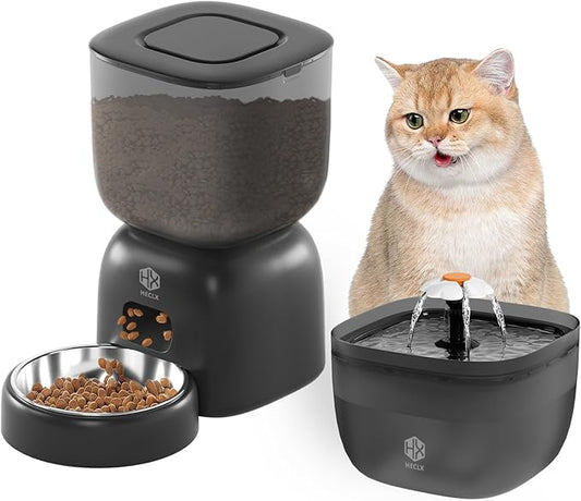 Automatic Cat Feeder and Water Dispenser Set with Pet Food Bowl Timer, Dual Power Supply, Programmable Portion Size, Auto Pet Feeder for Cats and Small Dogs, Voice Recorder, Black - PAWPICO