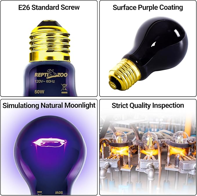 REPTIZOO 2PCS Reptile Heat Lamp, 150W Night Heat Lamp Moonlight Bulb Purple Infrared Heating Lamp Simulate Natural Moonlight Night Heat Bulb for Reptile Amphibian REPTIZOO