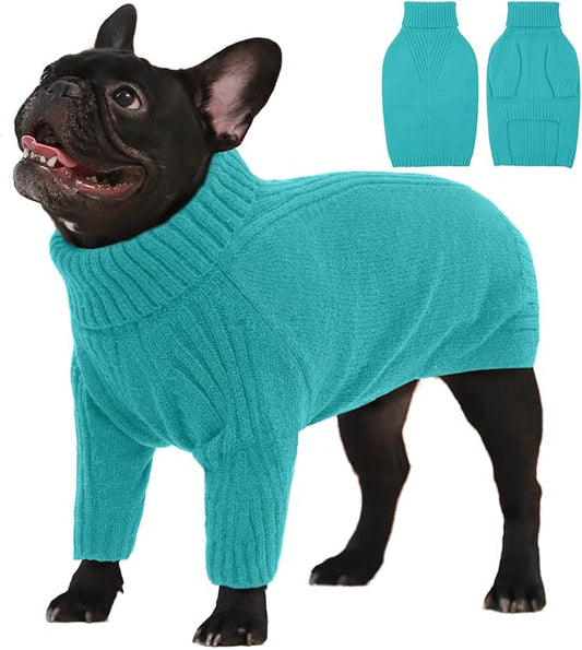 IECOii Large Dog Sweater,Pet Dog Sweaters for Large Dogs Boy,Thanksgiving Fall Doggie Sweatshirt,Turtleneck Thick Warm Girl Dog Sweater,Winter Knitwear Clothes for Corgi,French Bulldog(Lake-Green,L) - PAWPICO