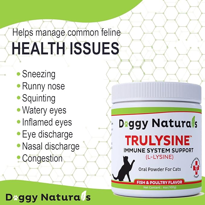 Trulysine L-Lysine for Cats Immune Support Oral Powder 4oz/100g - Cats & Kittens of All Age, Sneezing, Runny Nose Squinting, Watery Eyes - Fish & Poultry Flavor (U.S.A)(100 Grams ( 500mg / Scoop)) Pet+Health+Pharma