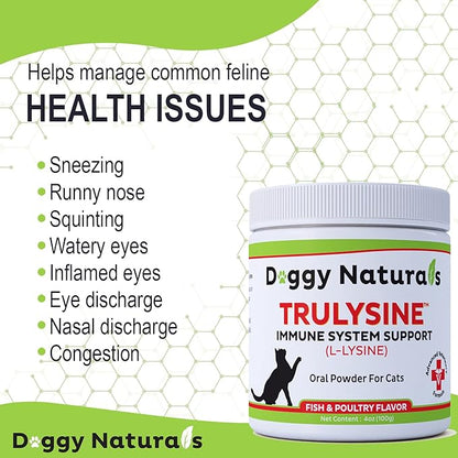 Trulysine L-Lysine for Cats Immune Support Oral Powder 4oz/100g - Cats & Kittens of All Age, Sneezing, Runny Nose Squinting, Watery Eyes - Fish & Poultry Flavor (U.S.A)(100 Grams ( 500mg / Scoop)) Pet+Health+Pharma