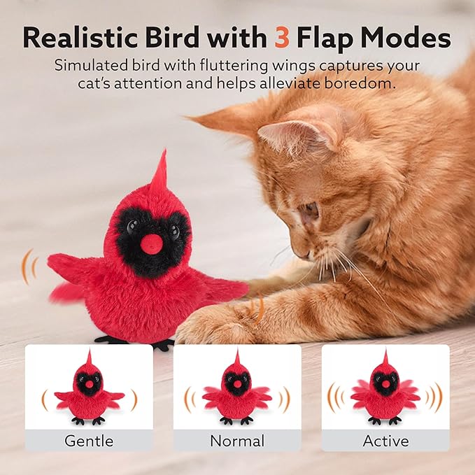 Flapping Cardinal Cat Toys, Interactive Cat Exercise Toy with Lifelike Bird Chirp, USB Rechargeable Automatic Cat Kicker Catnip Toys for Bored Indoor Adult Cats Kittens - PAWPICO
