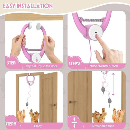 Cat Toy Interactive for Indoor Cats, Smart USB Rechargeable Door Hanging Automatic Retractable Kitten Toys, Teaser Electronic Self Play Feather Cat String Toys Attached with 3 Catnip Mice Pink - PAWPICO