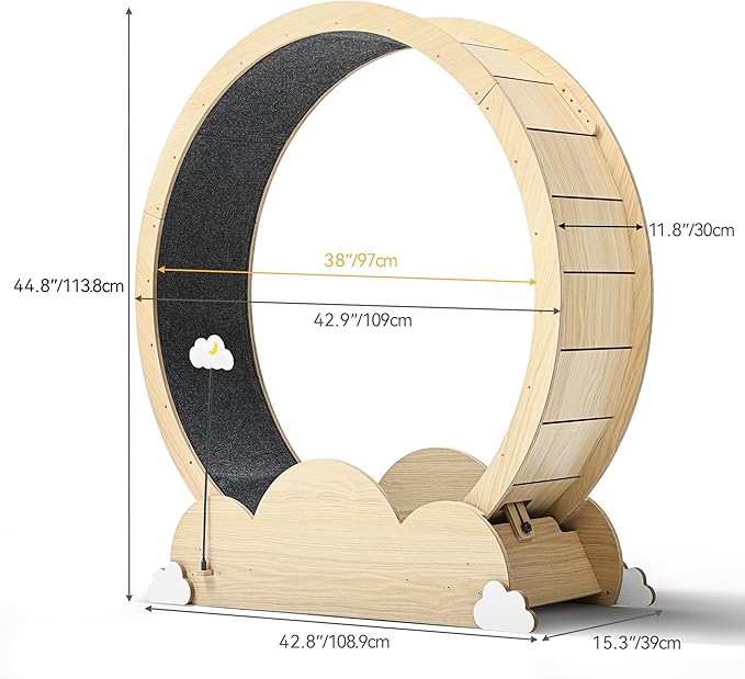 DWVO 43in Cat Exercise Wheel for Indoor Cats with Locking Mechanism, Natural Solid Wood Sturdy Cat Treadmill Wheel with Detachable Carpet, Suitable for Most Cats - PAWPICO