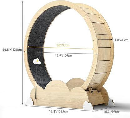 DWVO 43in Cat Exercise Wheel for Indoor Cats with Locking Mechanism, Natural Solid Wood Sturdy Cat Treadmill Wheel with Detachable Carpet, Suitable for Most Cats - PAWPICO