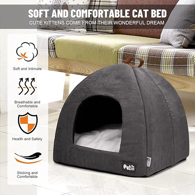Cat Beds for Indoor Cats -Premium Pet Beds for Cats and Small Dogs, Cat Bed Cave, Comfortable Covered Cat Bed, Cat Tent, Kitten Bed, Small Animal Bed and Cat Hut with Cushioned Pillow (Large, Grey) - PAWPICO