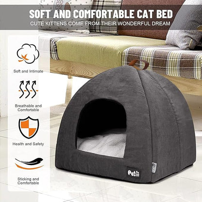 Cat Beds for Indoor Cats -Premium Pet Beds for Cats and Small Dogs, Cat Bed Cave, Comfortable Covered Cat Bed, Cat Tent, Kitten Bed, Small Animal Bed and Cat Hut with Cushioned Pillow (Large, Grey) - PAWPICO